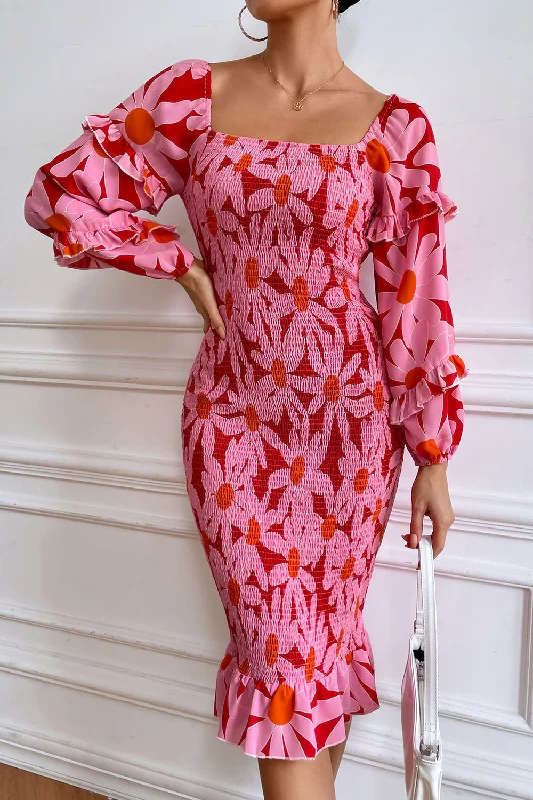 Women Ruffle Mermaid Square Neck Smocked Dress High-low unclassified dresses