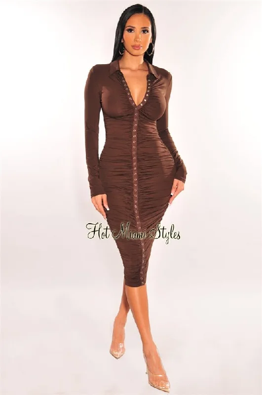 Chocolate Collared Long Sleeve Snap Button Up Ruched Midi Dress