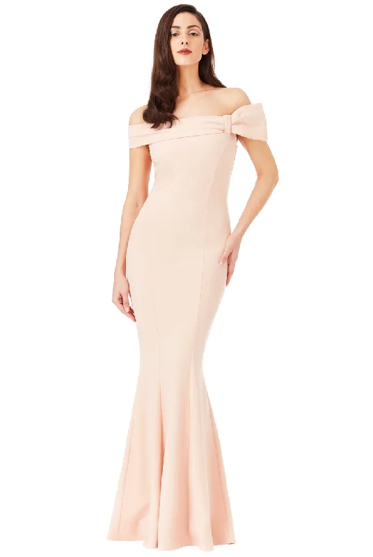 Goddiva Bardot Fish Tail Maxi Dress With Bow Detail