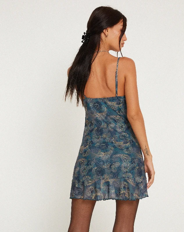 Dammy Mesh Mini Dress in Tonal Blue Paisley