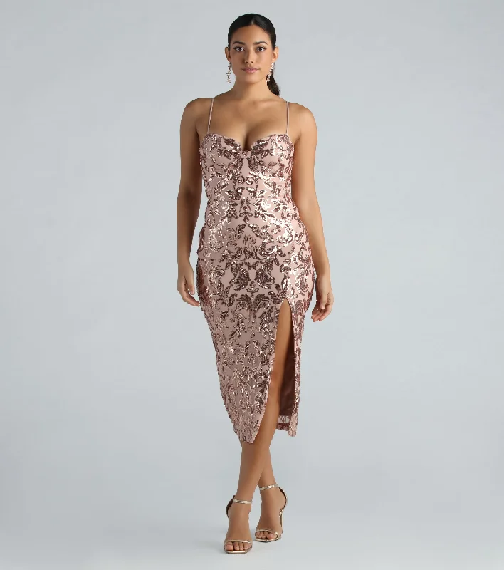 Meilani Formal Sequin Scroll Slit Midi Dress