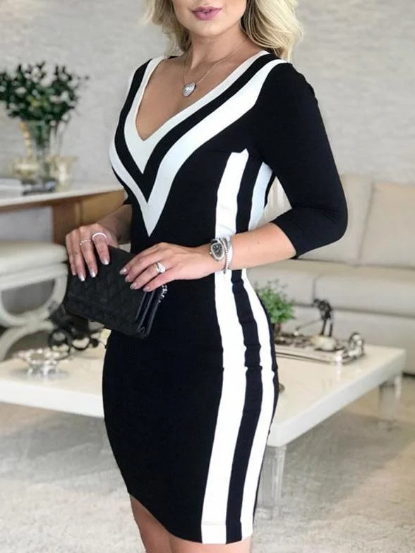 Women's Dresses Deep V-Neck Black White Stitching Bodycon Dresses