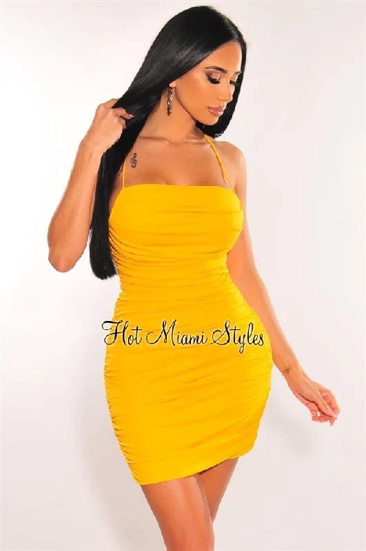 Yellow Double Elastic Straps Crisscross Ruched Dress