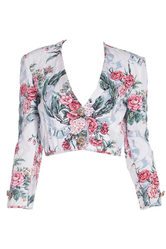 1990s Moschino Pink & Green White Quilted Floral Cropped Jacket