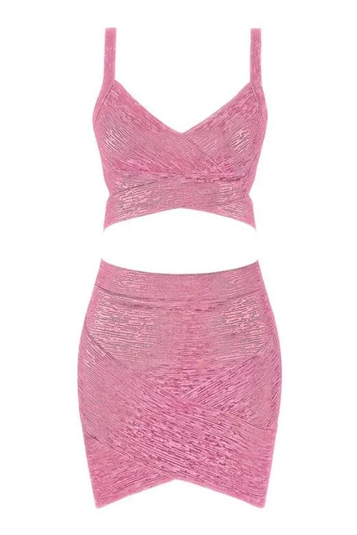 Ang Bandage Top and Mini Metallic Skirt Set - Hot Pink