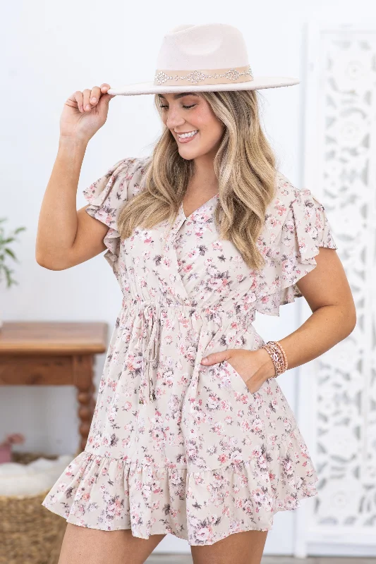 Beige Floral Print Frill Short Sleeve Dress