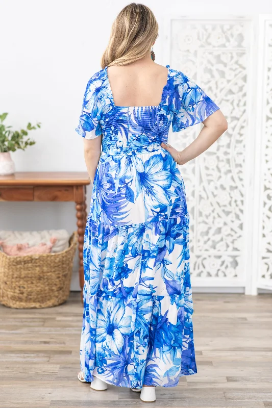 Blue Florals Short Sleeve Maxi Dress