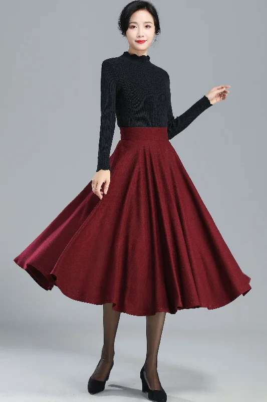 Burgundy Full Circle Wool Skirt Women 3246