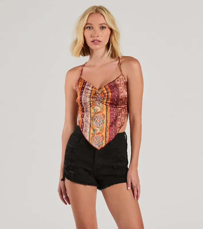 Coastal Love Lace-Up Paisley Satin Crop Top