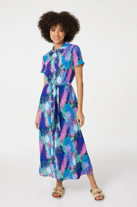 Feather Print Maxi Shirt Dress