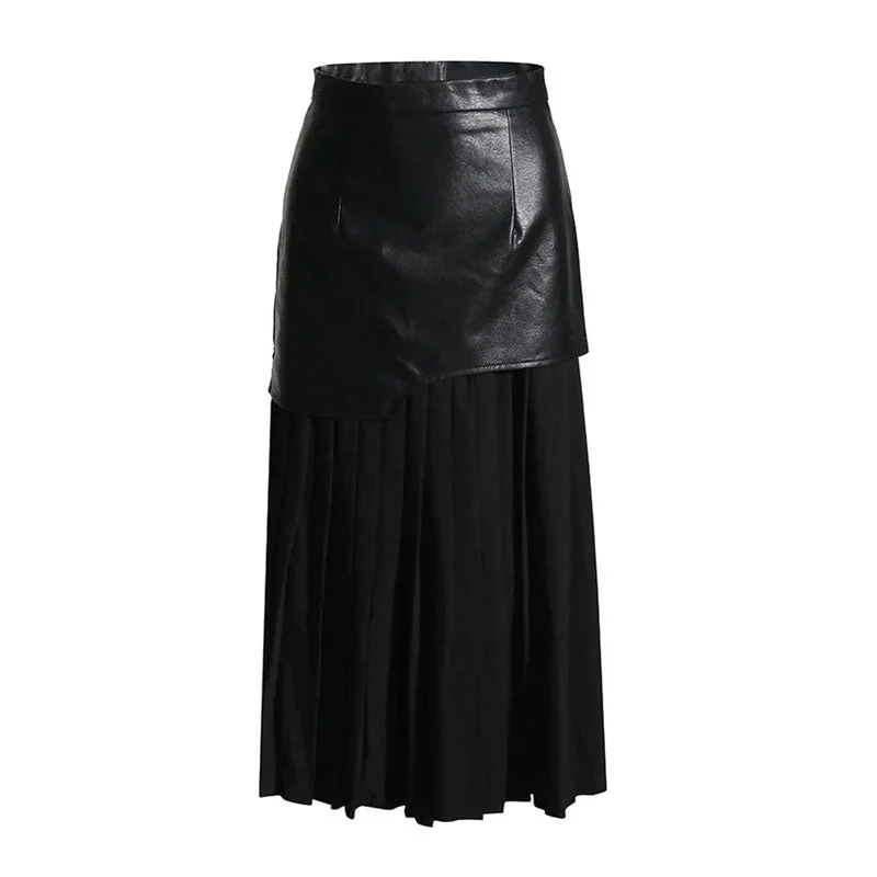 Deconstructed High Rise Vegan Leather Layered Midi Pleated Skirt - Black