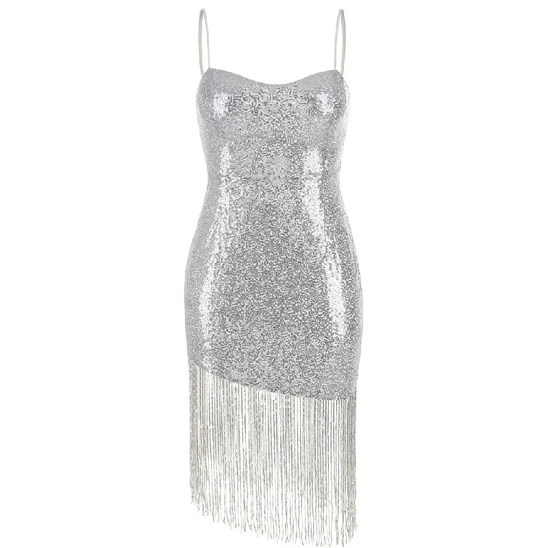 Flirty Fringe Hem Sequin Detail Sweetheart Neck Slip Mini Dress - Silver