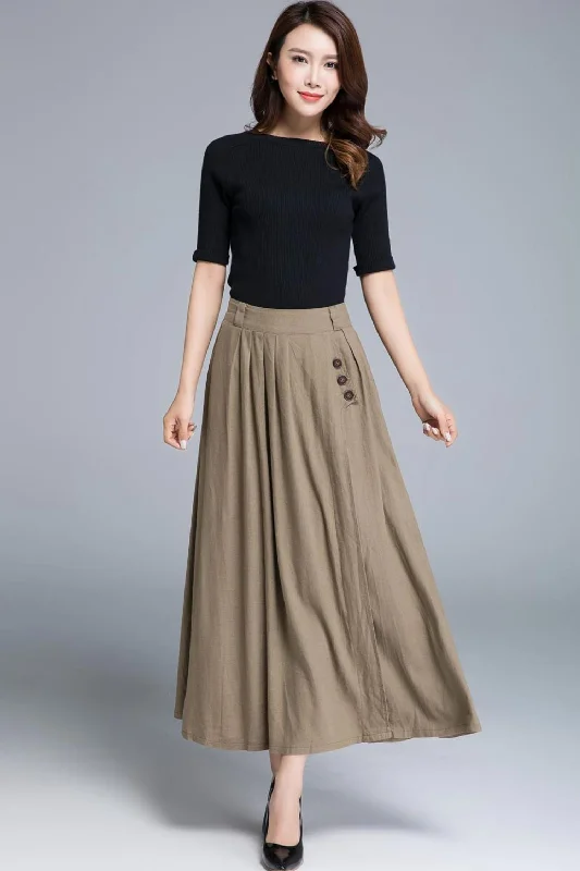 Khaki long maxi skirt with pleated and button detail 1671