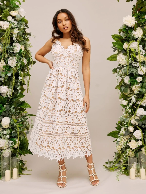 Lace Strappy Midi Bridal Dress / White