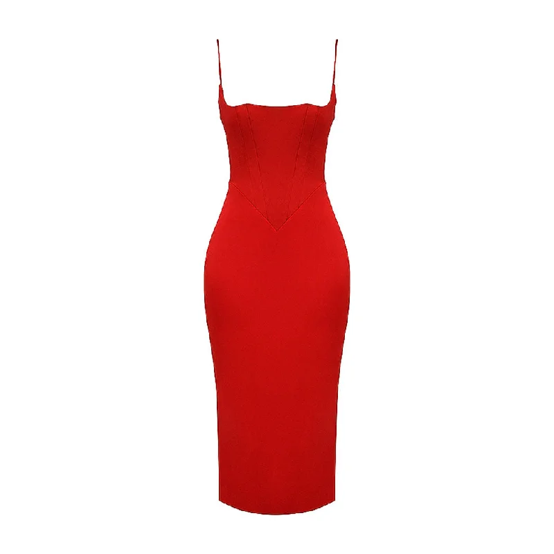 Luxury Square Neck Spaghetti Strap Satin Slip Midi Dress - Red