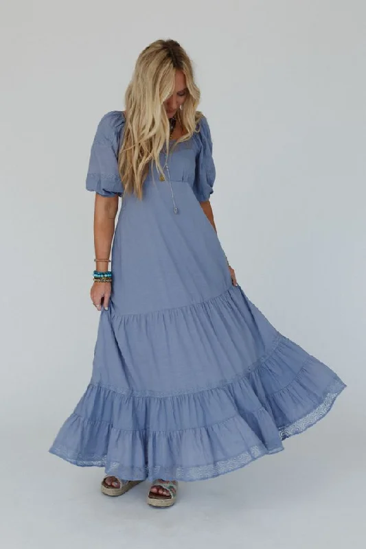 Peony Paradise Lace Trim Dress - Blue