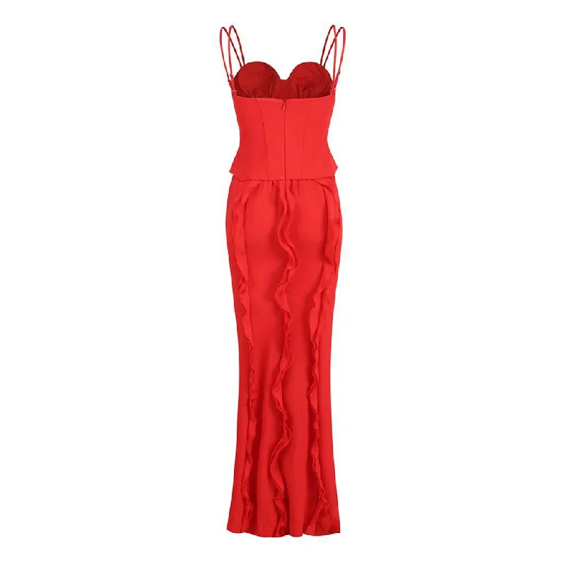 Sexy Double Strap Bustier Corset Ruffle Trim Thigh Split Maxi Slip Evening Dress