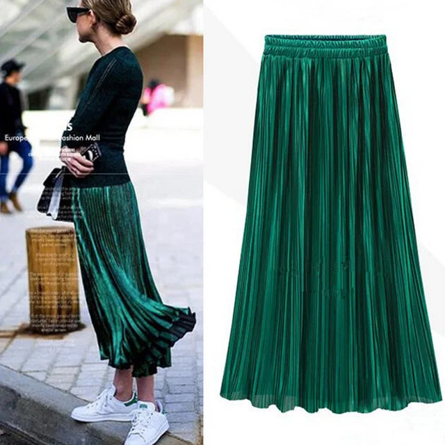 Spring Summer Pleated Skirt Womens Vintage High Waist Skirt Solid Long Skirts New Fashion Metallic Skirt Female