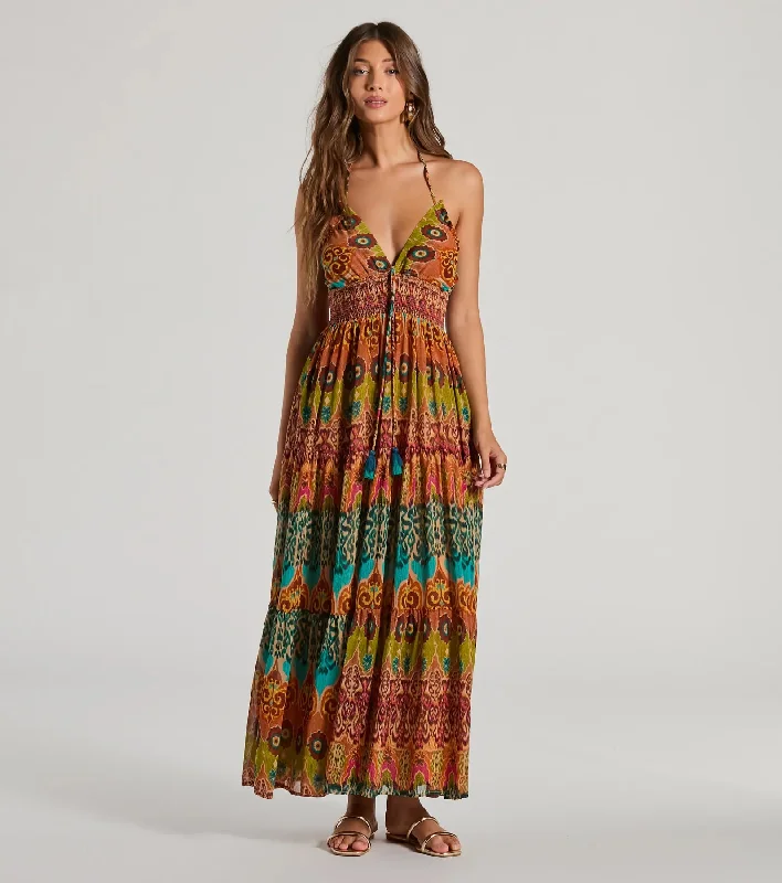 Summer Dreams Halter V-Neck Boho Chiffon Maxi Dress