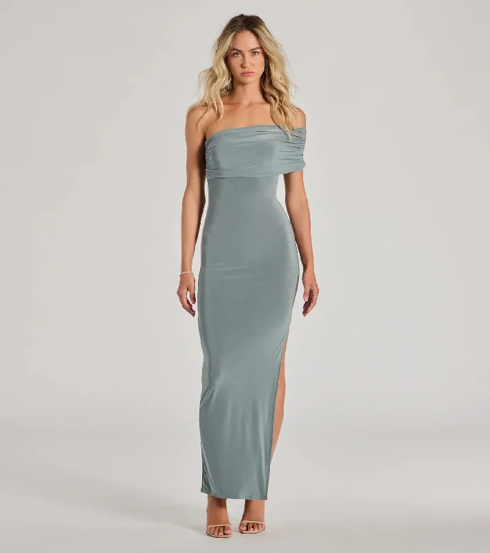 Undeniable Beauty One-Shoulder High Slit Knit Maxi Dress