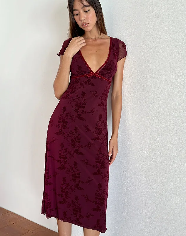 Vilinia Midi Dress in Botanical Flower Maroon