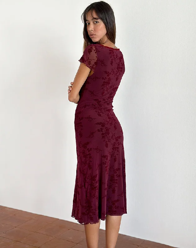 Vilinia Midi Dress in Botanical Flower Maroon