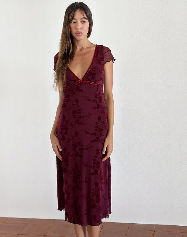 Vilinia Midi Dress in Botanical Flower Maroon