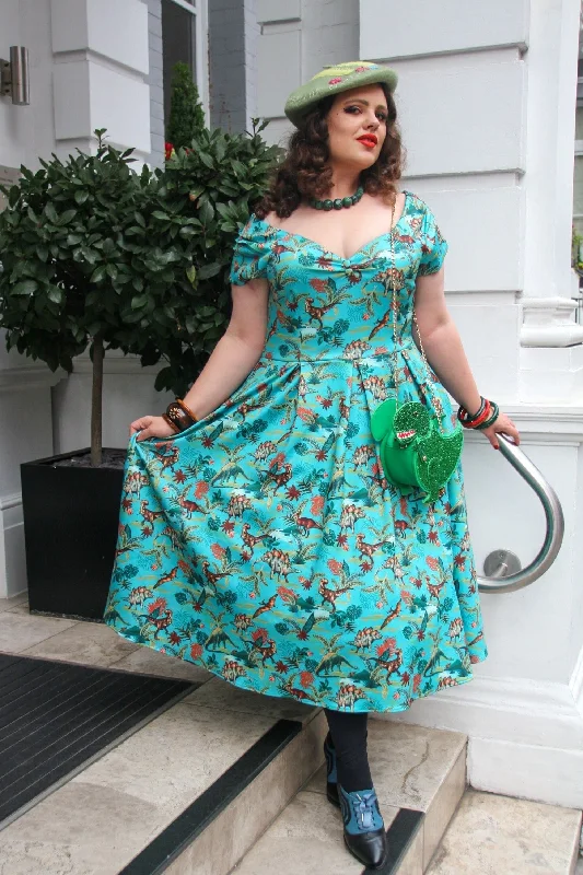 Lily Green Forest Dinosaur Off Shoulder Dress