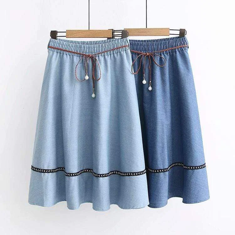 Women's Korean Fashion Pure Color Contrast Color Striped A-line Jean Skirts