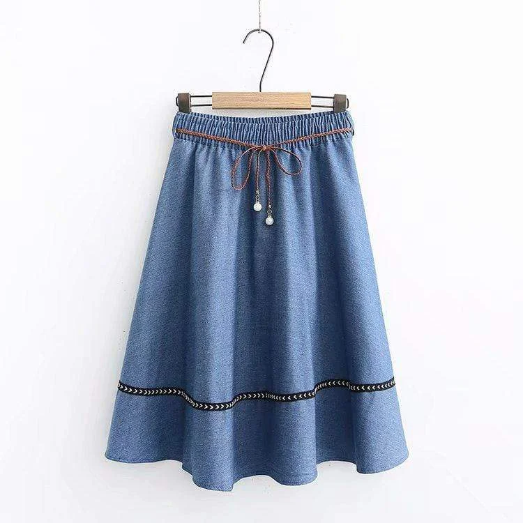 Women's Korean Fashion Pure Color Contrast Color Striped A-line Jean Skirts