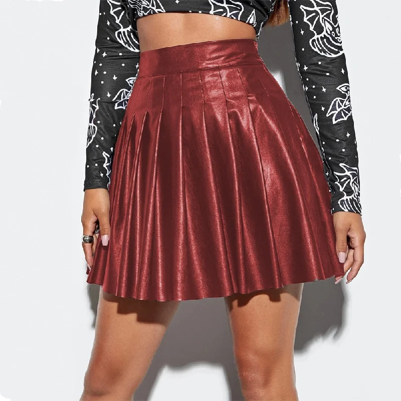 Znbbw Autumn Mini Pleated Skirts Autumn Street Style High Waist PU Leather Short Skirts for Club Party Women's Flared A-Lines