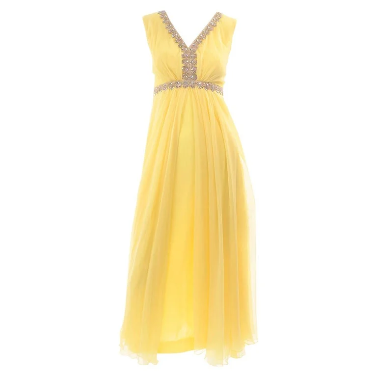 1960s Lemon Yellow Silk Chiffon Evening Dress w/ Gold Trim & Rhinestones