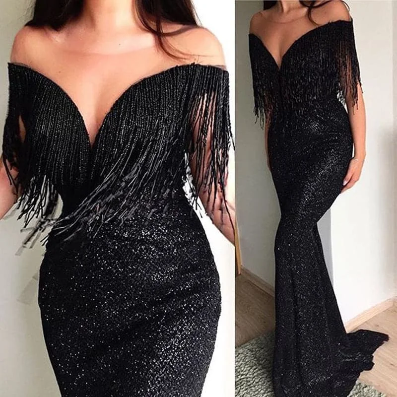 DressBetty - Black Sheer Neck Sparkly Sequins Prom Dresses