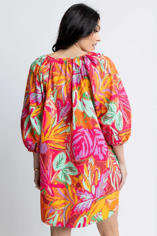 Abstract Tropical Palm Vneck Dress