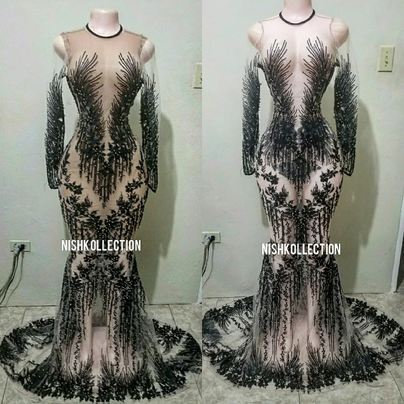 Sheer Embroidery long sleeve mermaid dress