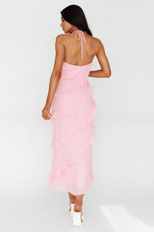 Arrabel Halterneck Ruffle Maxi Dress Pink