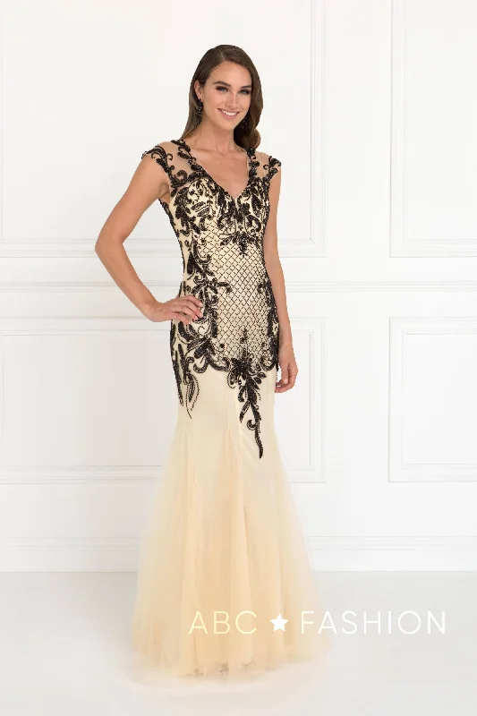 Beaded Tulle Champagne/Black Mermaid Gown by Elizabeth K GL2169