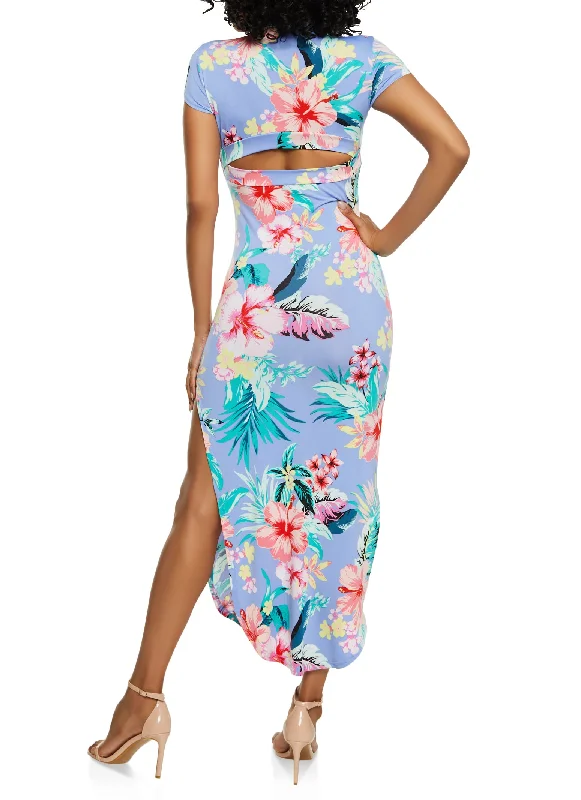 Floral Mock Neck Open Back Maxi Dress