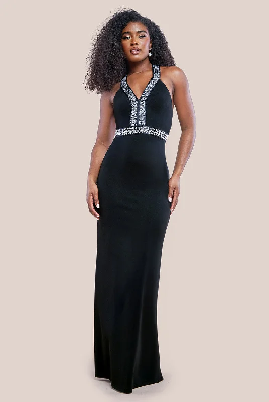 Goddiva Scuba Crepe Diamonte Embellished Halter Neck Maxi Dress