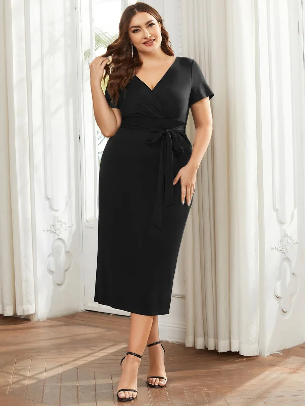 Deep V Neck Short Sleeve Wholesale Cocktail Dresses With Belt