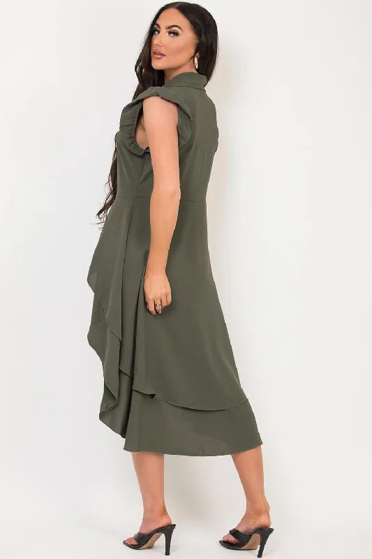 Dip Hem Summer Dress With Frill Shoulders Khaki