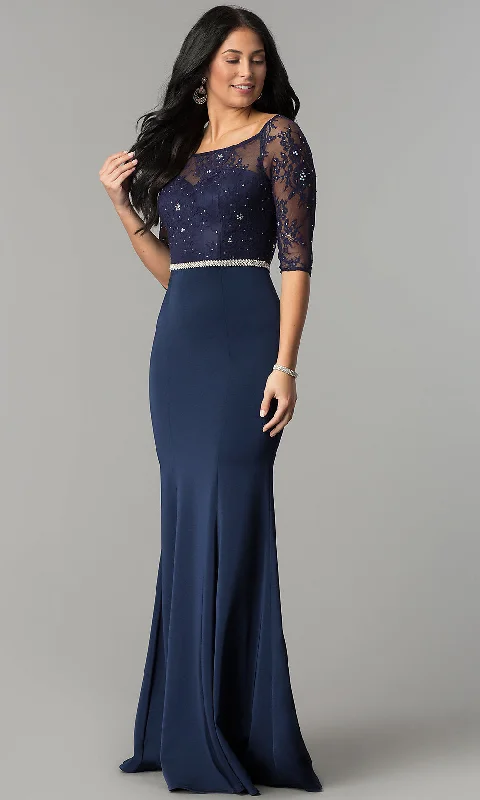 Formal Dress with Sheer Lace Three-Quarter Sleeves