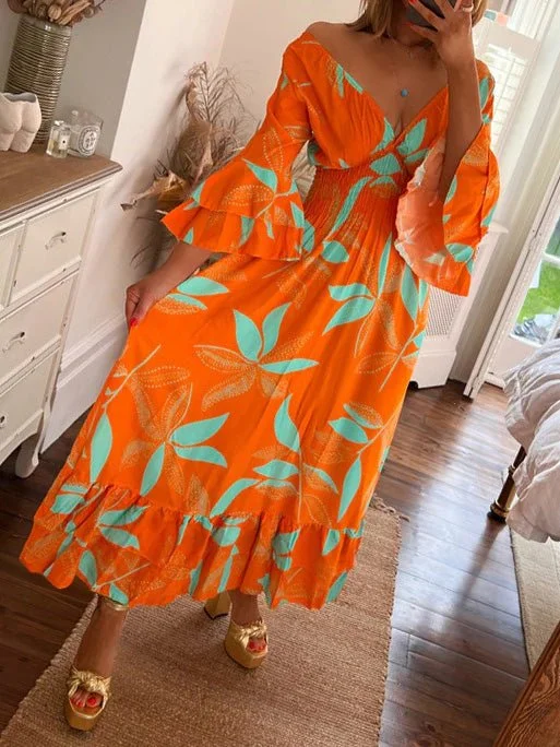 Dresses Bohemian Print V-Neck Ruffle Dress for Women