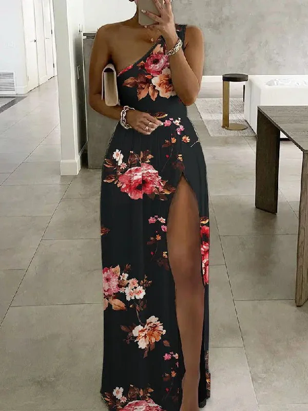 Dresses One Shoulder Print Slit Dress for Women