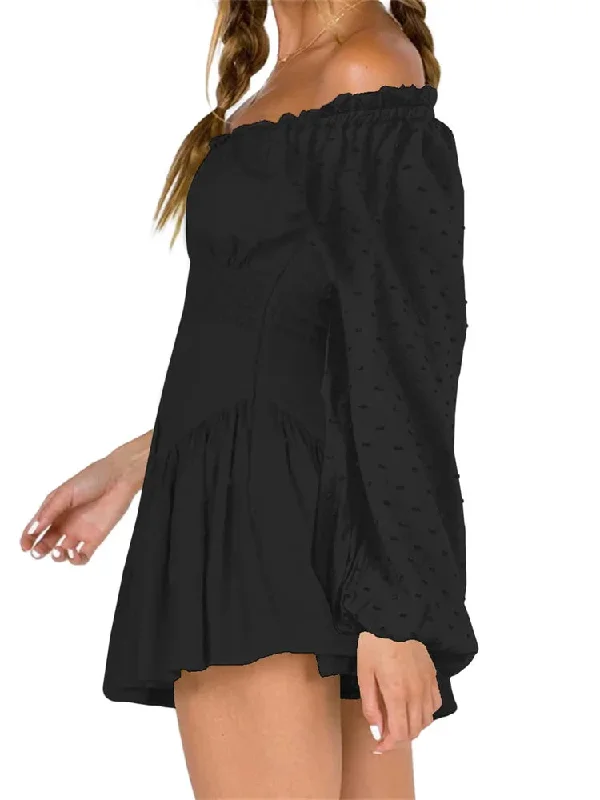 FashionSierra - Elegant Lace Off-shoulder Solid High Waist Long Sleeve Mini Dress