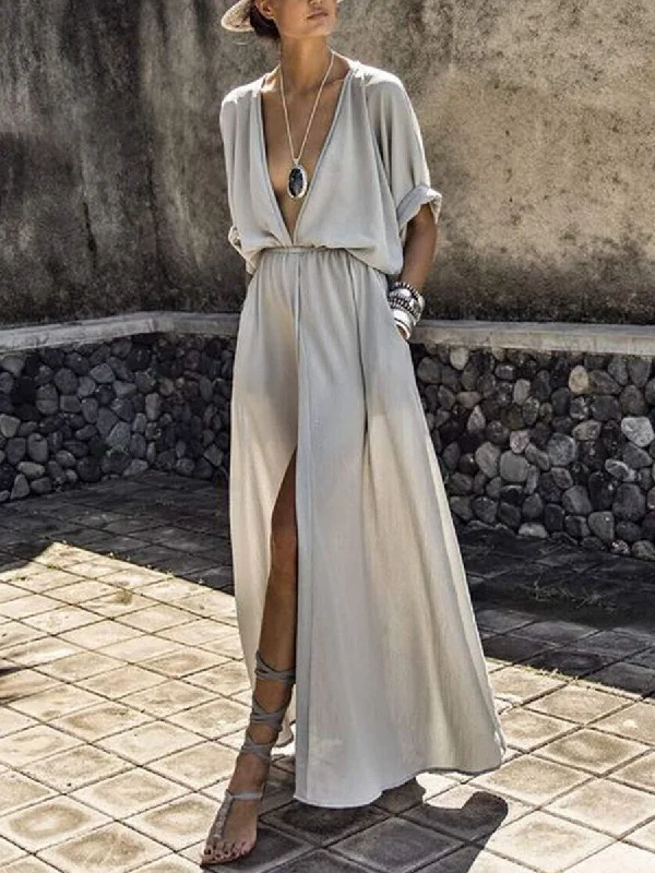 Elegant Solid Deep V Neck Split Dress