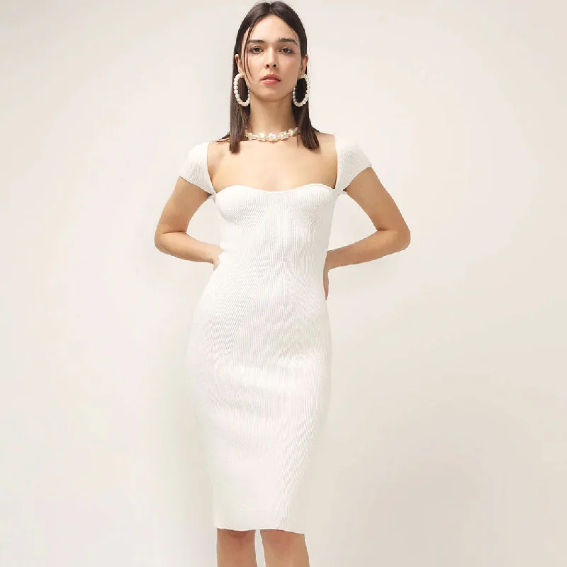 BerryBetty - Sweetheart Neck Cap Sleeve Ribbed Knit Bodycon Midi Dress - White