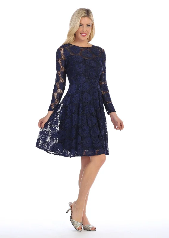 Floral Lace Short Dress with Long Sleeves by Celavie 6327