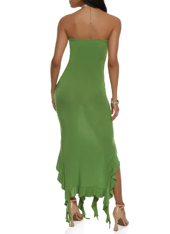 Ruffle Trim Hem Slit Tube Maxi Dress