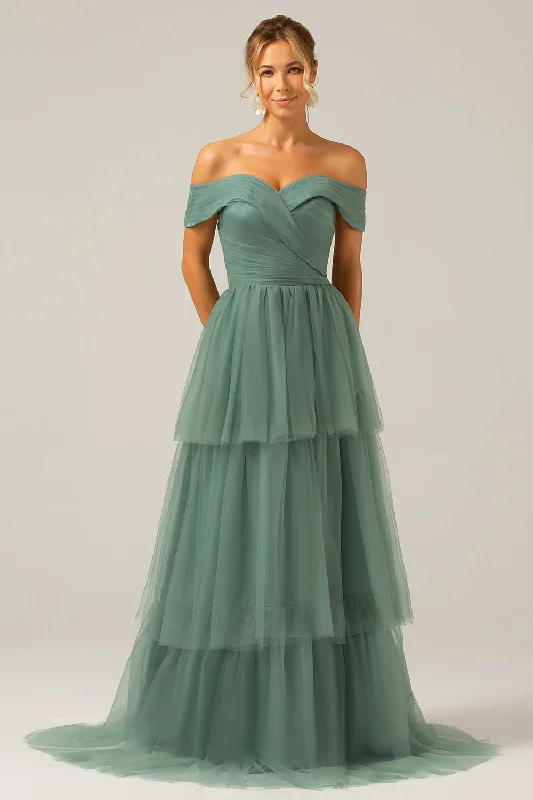 Grey Green Tulle A Line Off the Shoulder Tiered Bridesmaid Dress